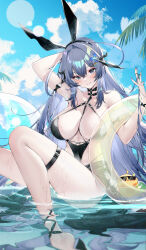 Rule 34 | absurdres, animal ears, azur lane, ball, bare shoulders, beachball, bikini, bikini under clothes, black bikini, black hairband, black shorts, blue flower, blue hair, blue sky, blush, breasts, calder, cleavage, closed mouth, cloud, cloudy sky, collarbone, crossed bangs, day, fake animal ears, flower, foot out of frame, grey eyes, hair between eyes, hair flower, hair ornament, hairband, hairclip, highleg, highleg bikini, highres, holding, holding swim ring, innertube, knee up, large breasts, lens flare, long hair, looking at viewer, manjuu (azur lane), multicolored nails, new jersey (azur lane), outdoors, partially submerged, purple nails, rabbit ears, red nails, short shorts, shorts, sidelocks, sitting, sky, smile, swim ring, swimsuit, thigh strap, thighs, transparent, tree, wet, yellow innertube