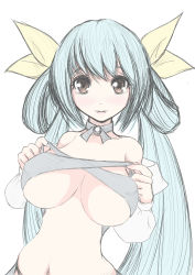 Rule 34 | 1girl, absurdres, bare shoulders, blue hair, blush, breasts, choker, cleavage, covered erect nipples, detached sleeves, dizzy (guilty gear), guilty gear, guilty gear x, guilty gear xx, hair rings, highres, himechan, large breasts, lips, long hair, looking at viewer, navel, pulled by self, red eyes, ribbon, sidelocks, solo, stomach, twintails, underboob, yellow ribbon