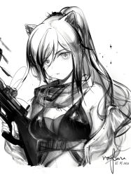 Rule 34 | 1girl, animal ears, arknights, bare shoulders, breasts, ewig, eyebrows hidden by hair, greyscale, gun, holding, holding gun, holding weapon, leopard ears, leopard girl, long hair, monochrome, scarf, schwarz (arknights), simple background, solo, upper body, weapon, white background