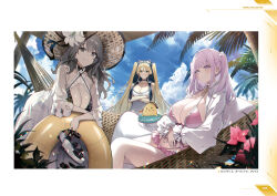 Rule 34 | 3girls, azur lane, bikini, blonde hair, blue sky, blush, breasts, character name, charybdis (azur lane), cleavage, closed mouth, cloud, cloudy sky, criss-cross halter, crossed arms, day, detached sleeves, flower, goggles, goggles on head, grey eyes, grey hair, hair ornament, halterneck, hammock, hat, highres, hornet (azur lane), innertube, large breasts, leaning forward, long hair, long sleeves, looking at viewer, manjuu (azur lane), multiple girls, non-web source, official art, outdoors, page number, palm leaf, palm tree, parted lips, pink hair, plymouth (azur lane), purple eyes, sandals, see-through, sky, smile, swim ring, swimsuit, tree, twintails, very long hair, yohaku