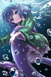 Rule 34 | 1girl, blue eyes, blue hair, blurry, bubble, closed mouth, depth of field, drill hair, drill sidelocks, fins, frilled kimono, frills, full body, head fins, highres, japanese clothes, kayon (touzoku), kimono, long sleeves, looking at viewer, mermaid, monster girl, short hair, sidelocks, solo, touhou, underwear, wakasagihime