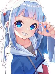 Rule 34 | 1girl, blue eyes, blue hair, blue hoodie, blue nails, blunt bangs, blush, claw pose, commentary, drawstring, fingernails, gawr gura, gawr gura (1st costume), grey hair, grin, hair ornament, hand up, highres, hololive, hololive english, hood, hoodie, long sleeves, medium hair, multicolored hair, nail polish, shark girl, shark hair ornament, shark print, shinno, sidelighting, sidelocks, simple background, smile, solo, streaked hair, two side up, upper body, virtual youtuber, white background, white hood, wide sleeves