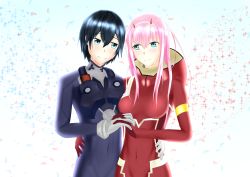 Rule 34 | 10s, 1boy, 1girl, absurdres, black bodysuit, black hair, blue eyes, bodysuit, breasts, commentary request, couple, crying, crying with eyes open, darling in the franxx, eyes visible through hair, fringe trim, gloves, green eyes, hair ornament, hairband, holding hands, hand on another&#039;s waist, highres, hiro (darling in the franxx), horns, large breasts, long hair, looking at another, masamune tokunaga, oni horns, pilot suit, pink hair, red bodysuit, red gloves, red horns, short hair, tears, white gloves, white hairband, zero two (darling in the franxx)