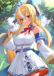 Rule 34 | 1girl, blonde hair, bow, breasts, dark-skinned female, dark skin, detached sleeves, dress, forest, gloves, highres, hololive, imahuku, large breasts, long hair, nature, orange eyes, pointy ears, ponytail, red bow, shiranui flare, shiranui flare (1st costume), smile, virtual youtuber, white bow, white dress, white gloves