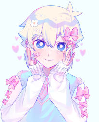 Rule 34 | 1boy, alternate costume, basil (faraway) (omori), basil (omori), blonde hair, blue eyes, blue necktie, blush, bow, bright pupils, closed mouth, flower, hair bow, hair flower, hair ornament, hands on own face, highres, iro (mywife sunny), long sleeves, looking at viewer, necktie, omori, pink bow, pink necktie, short hair, smile, solo, striped necktie, tearing up, upper body, white pupils
