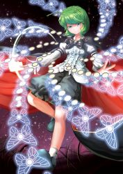 Rule 34 | 1girl, ankle socks, antennae, arm belt, bad id, bad pixiv id, bow, breasts, bug, butterfly, cape, danmaku, firefly, frilled shirt, frills, grass, green eyes, green hair, highres, imperishable night, impossible clothes, impossible shirt, insect, juliet sleeves, leg up, long sleeves, looking at viewer, matching hair/eyes, mo ne, night, puffy sleeves, shirt, short hair, shorts, sky, smile, socks, solo, spell card, star (sky), starry sky, touhou, wriggle nightbug