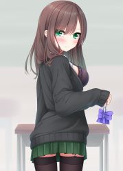 Rule 34 | 1girl, black bra, black cardigan, black thighhighs, blush, bow, bowtie, unworn bowtie, bra, breasts, brown hair, cardigan, closed mouth, commentary request, desk, fingernails, green eyes, green skirt, grey background, hair between eyes, highres, holding, long hair, long sleeves, looking at viewer, looking back, medium breasts, nail polish, open cardigan, open clothes, original, pleated skirt, purple bow, purple bowtie, school desk, school uniform, skirt, sleeves past wrists, solo, standing, thighhighs, underwear, yoye (pastel white)