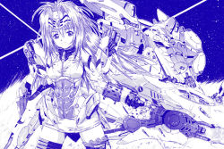 Rule 34 | 00s, android, armor, bare shoulders, breasts, elbow gloves, fingerless gloves, gloves, kos-mos, long hair, looking at viewer, mecha, robot, small breasts, thighhighs, weapon, xenosaga, xenosaga episode i