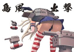 Rule 34 | 1girl, :3, anchor hair ornament, anus, anus peek, ass, bent over, black panties, blonde hair, blue skirt, cameltoe, elbow gloves, from behind, gloves, hair ornament, kantai collection, legs apart, lifebuoy, long hair, miniskirt, panties, pleated skirt, rensouhou-chan, rigging, robot, sashizume soutarou, shimakaze (kancolle), simple background, skirt, solo, striped clothes, striped thighhighs, swim ring, thighhighs, thong, turret, underwear, very long hair, white background, white gloves, | |