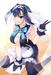 Rule 34 | adapted costume, alternate costume, asymmetrical clothes, bad id, bad pixiv id, black gloves, black thighhighs, blue eyes, blue hair, blue ribbon, bow, bow earrings, breasts, chain, cleavage cutout, clothing cutout, earrings, enmaided, frills, from side, gloves, grin, hair intakes, halo, head chain, headband, highres, holocouncil, hololive, hololive english, jewelry, kneeling, large breasts, looking at viewer, maid, mechanical halo, miniskirt, ouro kronii, ouro kronii (1st costume), ribbon, ribbon earrings, shirt, short hair, skirt, sleeveless, sleeveless shirt, smile, solo, tantan (xrvf2288), thighhighs, underboob, underboob cutout, v, veil, virtual youtuber, zettai ryouiki