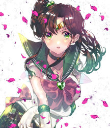 Rule 34 | 1girl, absurdres, back bow, bishoujo senshi sailor moon, blush, bow, breasts, brooch, brown hair, choker, cleavage, collarbone, collared shirt, elbow gloves, floating hair, gloves, green eyes, green sailor collar, green skirt, hair bobbles, hair ornament, heart, heart brooch, highres, jewelry, kino makoto, long hair, looking at viewer, medium breasts, nununu (nununu386), one side up, open mouth, petals, pleated skirt, purple bow, purple neckwear, sailor collar, sailor jupiter, sailor shirt, shirt, skirt, sleeveless, sleeveless shirt, solo, sparkle, standing, white background, white gloves, white shirt