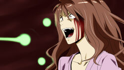 Rule 34 | 1girl, blood, blood on face, brown background, brown eyes, brown hair, commentary request, dress, energy, energy ball, energy beam, from side, highres, injury, long hair, mugino shizuri, open mouth, plasma, portrait, psychic, purple dress, solo, teeth, toaru kagaku no railgun, toaru kagaku no railgun s, toaru majutsu no index, toberux, tongue, v-shaped eyebrows, wavy hair