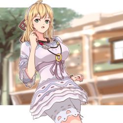 Rule 34 | 1girl, blonde hair, blurry, blurry background, blush, bracelet, breasts, building, cowboy shot, day, dutch angle, fiora (xenoblade), green eyes, hairband, jewelry, large breasts, long hair, necklace, nintendo, open mouth, outdoors, ribbon, solo, tekology, tree, underbust, xenoblade chronicles (series), xenoblade chronicles 1, xenoblade chronicles (series)