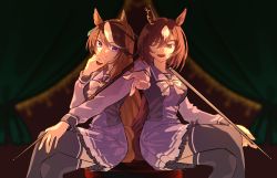 Rule 34 | 2girls, back-to-back, blouse, bow, bowtie, breasts, brown hair, crossed legs, cue stick, ear covers, earrings, feet out of frame, hand on own knee, hand to own mouth, highres, horse girl, horse tail, jewelry, long hair, long sleeves, looking at viewer, medium breasts, multicolored hair, multiple girls, one eye closed, open mouth, pointing, pointing at viewer, purple eyes, purple shirt, purple skirt, red eyes, sailor collar, sailor shirt, school uniform, serafuku, shirt, single ear cover, single earring, sirius symboli (umamusume), sitting, skirt, symboli rudolf (umamusume), tail, thighhighs, tomoya (pypyengine), tracen school uniform, two-tone hair, umamusume, white bow, white bowtie, white hair, winter uniform