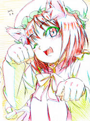 Rule 34 | 1girl, animal ears, cat ears, cat tail, chen, colored pencil (medium), dated, graphite (medium), green hat, hat, highres, long hair, long sleeves, makicha (sasurainopink), mob cap, multiple tails, nekomata, one eye closed, paw pose, red eyes, red hair, red vest, shirt, smile, solo, tail, touhou, traditional media, two tails, upper body, vest, yellow shirt