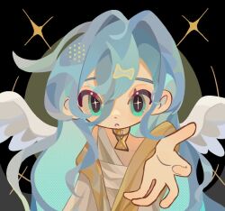 1girl 37_(reverse:1999) :o aqua_eyes blue_hair feathered_wings gold hair_between_eyes jewelry light_blue_hair long_hair looking_at_viewer matoka7 neck_ring open_mouth outstretched_arm outstretched_hand reverse:1999 solo sparkling_eyes toga white_wings wings