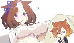 ... 2girls ? @_@ animal_ears black_jacket bow breasts brown_hair chibi chibi_inset commentary_request dress_shirt ear_ornament ear_ribbon ears_down furrowed_brow hair_between_eyes hairband hand_on_own_chin hekino_(aoruri) horse_ears horse_girl jacket jitome lapels large_breasts looking_at_another medium_hair meisho_doto_(umamusume) multicolored_hair multiple_girls no_mouth no_nose orange_hair outline pink_hairband purple_eyes shirt short_hair streaked_hair stuffed_animal stuffed_cat stuffed_toy suit_jacket sweat sweater t.m._opera_o_(umamusume) thinking turtleneck turtleneck_sweater two-tone_hair umamusume upper_body v-shaped_eyebrows white_background white_hair white_outline white_shirt white_sweater worried