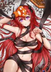 Rule 34 | 1girl, animal hands, arknights, arm up, armpits, bare shoulders, black ribbon, blush, breasts, cleavage, closed mouth, collarbone, commentary, cowboy shot, dated, english commentary, from above, gloves, gluteal fold, highres, horns, large breasts, long hair, looking at viewer, looking up, lying, naked ribbon, navel, on back, orange gloves, paw gloves, purple eyes, red hair, ribbon, riq semak, signature, solo, stomach, surtr (arknights), thigh gap, tile floor, tiles, twitter username, very long hair