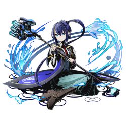 Rule 34 | 10s, 1girl, aqua skirt, blue eyes, blue hair, boots, brown footwear, cape, divine gate, full body, hair ornament, hair scrunchie, holding, holding weapon, long hair, long skirt, looking at viewer, necktie, official art, ponytail, rainy (divine gate), red necktie, renito, scrunchie, sitting, skirt, smile, solo, transparent background, ucmm, weapon, wezaadoriizu