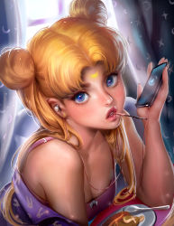 Rule 34 | 1girl, bare shoulders, bishoujo senshi sailor moon, blanket, blonde hair, blue eyes, breasts, cleavage, crescent, crescent facial mark, curtains, digital media player, double bun, earbuds, earphones, earrings, facial mark, food, food in mouth, forehead mark, highres, jewelry, listening to music, long hair, looking at viewer, lying, magical girl, on stomach, pocky, princess serenity, realistic, sailor moon, sakimichan, small breasts, solo, spoon, tsukino usagi, twintails, upper body, window