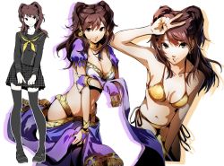 Rule 34 | 1girl, arabian clothes, armpits, bikini, black footwear, black skirt, black thighhighs, blouse, breasts, brown eyes, brown hair, choker, cleavage, cowboy shot, dancer, earrings, full body, high-cut armor (persona), highres, jewelry, kujikawa rise, lips, long hair, long sleeves, looking at viewer, medium breasts, midriff, miniskirt, multiple views, nakano maru, navel, orange bikini, parted lips, persona, persona 4, sailor collar, sash, school uniform, serafuku, shadow, shirt, shoes, side-tie bikini bottom, simple background, skirt, smile, standing, strapless, string bikini, swimsuit, thighhighs, tube top, twintails, v, white background, zettai ryouiki