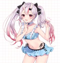 Rule 34 | 1girl, absurdres, bare shoulders, bikini, bikini skirt, black bikini, blue bikini, breasts, choker, commentary, earrings, fang, finger to mouth, fingernails, frilled bikini, frilled choker, frills, grey hair, highres, hololive, horns, jewelry, long hair, multicolored hair, nakiri ayame, nakiri ayame (hololive summer 2019), navel, official alternate costume, open mouth, pink hair, red eyes, side-tie bikini bottom, skin-covered horns, small breasts, smile, solo, striped bikini, striped clothes, swimsuit, twintails, two-tone hair, usano, virtual youtuber