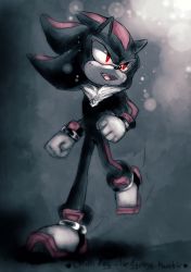 Rule 34 | 1boy, animal ears, artist name, black hair, blush, clenched hands, fang, full body, furry, furry male, gloves, happy, leg up, light blush, male focus, motion lines, multicolored footwear, multicolored hair, muted color, open mouth, red eyes, red hair, running, shadow the hedgehog, shoes, sketch, smile, solo, sonic (series), spacecolonie, teeth, tumblr username, two-tone hair, white gloves