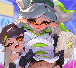 Rule 34 | 2girls, ;d, absurdres, black gloves, black hair, blush, body writing, breasts, callie (splatoon), clothes lift, cross-shaped pupils, cum, cum in container, cum in cup, cup, ear piercing, gloves, grey hair, highres, holding, holding cup, inkling, lifting another&#039;s clothes, long hair, looking at another, marie (splatoon), medium breasts, mole, mole under eye, mug, multiple girls, nintendo, one eye closed, open mouth, piercing, pointy ears, reagan long, shirt, shirt lift, short eyebrows, smile, splatoon (series), splatoon 3, symbol-shaped pupils, tally, thick eyebrows, white shirt, yellow eyes