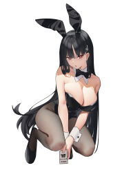 Rule 34 | 1girl, absurdres, animal ears, bare shoulders, black bow, black bowtie, black footwear, black hair, black leotard, bow, bowtie, breasts, card, cleavage, closed mouth, dated, detached collar, fake animal ears, full body, grey pantyhose, highres, large breasts, leotard, long hair, looking at viewer, no halo, original, own hands together, pantyhose, playboy bunny, rabbit ears, red eyes, rio (blue archive), simple background, solo, squatting, strapless, strapless leotard, tattoo, very long hair, white background, wrist cuffs, ymk kai