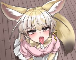 Rule 34 | 1girl, absurdres, animal ear fluff, animal ears, blonde hair, blush, bow, bowtie, brown eyes, brown hair, buttons, colored eyelashes, darus5, elbow gloves, extra ears, fang, fennec (kemono friends), fox ears, fox girl, fox tail, from above, gloves, half-closed eyes, highres, kemono friends, long hair, looking up, multicolored hair, open mouth, oral invitation, paid reward available, pink sweater, pleated skirt, shirt, short-sleeved sweater, short sleeves, sitting, skirt, solo, sweater, tail, tongue, tongue out, undershirt, uvula, white hair, white skirt, wooden floor