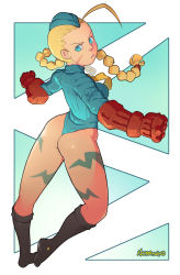Rule 34 | 1990s (style), 1girl, ahoge, ass, blonde hair, blue eyes, blue leotard, bodypaint, boots, braid, breasts, brown footwear, cammy white, capcom, clenched hands, fingerless gloves, from behind, garrison cap, gloves, hat, highres, huge ahoge, knee boots, leotard, long hair, making-of available, medium breasts, norasuko, retro artstyle, ribbed leotard, scar, solo, street fighter, street fighter zero (series), thong leotard, twin braids