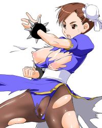Rule 34 | 1girl, bracelet, breasts, brown eyes, brown hair, bun cover, capcom, china dress, chinese clothes, chun-li, cleft of venus, clenched hand, double bun, dress, female pubic hair, fighting stance, hair bun, jewelry, large breasts, nipples, no bra, no panties, open mouth, pantyhose, pelvic curtain, pubic hair, puffy nipples, pussy, sash, shinama, short hair, solo, spiked bracelet, spikes, street fighter, torn clothes, torn pantyhose, uncensored