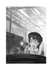 Rule 34 | 2girls, fedora, glasses, greyscale, hands on own cheeks, hands on own face, hat, indoors, japanese clothes, kimono, monochrome, multiple girls, no headwear, no headwear, plaid, plaid vest, school uniform, sewing, short hair, short twintails, size difference, smile, sukuna shinmyoumaru, touhou, twintails, usami sumireko, vest, yamamomo (plank)
