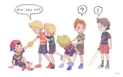 Rule 34 | !, 6+boys, ?, alternate color, bandaid, bandaid on face, black hat, blonde hair, blush stickers, brown bag, brown shorts, child, closed mouth, english text, full body, green shirt, grey footwear, grey hair, grey socks, hat, helping, holding, holding sword, holding weapon, lucas (mother 3), male focus, masked man (mother 3), memi (gamemix), mother (game), mother 2, mother 3, multiple boys, ness (mother 2), nintendo, orange shorts, player 2, pulling, red footwear, shirt, shoes, short hair, shorts, sideways hat, signature, simple background, socks, solid oval eyes, spoken exclamation mark, spoken question mark, striped clothes, striped shirt, super smash bros., sword, weapon