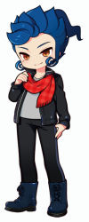 Rule 34 | 1boy, blue hair, boots, brown eyes, full body, inazuma eleven (series), inazuma eleven go, jacket, looking at viewer, male focus, open clothes, open jacket, scarf, simple background, smile, solo, tooru, tsurugi kyousuke, unmoving pattern, white background