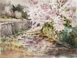 Rule 34 | akemisuisai, cherry blossoms, day, forest, grass, highres, nature, no humans, original, painting (medium), reflection, reflective water, river, riverbank, road, traditional media, tree, water, watercolor (medium)