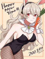 Rule 34 | 1girl, 2023, alternate costume, animal ears, black leotard, blush, breasts, carrot, chinese zodiac, cleavage, corrin (female) (fire emblem), corrin (fire emblem), detached collar, fake animal ears, fire emblem, fire emblem fates, grey hair, hair between eyes, hairband, happy new year, highres, leotard, long hair, looking at viewer, medium breasts, new year, nintendo, pantyhose, peach11 01, playboy bunny, pointy ears, rabbit ears, red eyes, simple background, smile, solo, strapless, strapless leotard, wrist cuffs, year of the rabbit