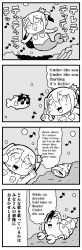 Rule 34 | 1girl, 2boys, 4koma, :3, :o, asymmetrical hair, bkub, blush, bubble, caligula (game), censored, censored text, comic, commentary request, crab, crown, dotted background, fish, greyscale, hair over one eye, halftone, headset, highres, index finger raised, jewelry, lyrics, mermaid, mini crown, monochrome, monster girl, mu (caligula), multicolored hair, multiple boys, music, musical note, necklace, pearl necklace, protagonist (caligula), rock, satake shougo, shell, shell bikini, short hair, simple background, singing, speech bubble, talking, the little mermaid, translation request, twintails, two-tone hair, underwater
