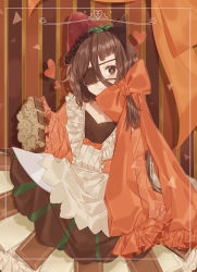 Rule 34 | 1girl, bad id, bad pixiv id, brown eyes, brown hair, chocolate, dress, eyepatch, food, fruit, harusame sigu8, heart, long sleeves, looking at viewer, original, personification, shadow, sleeves past wrists, smile, solo, strawberry, striped, striped background, valentine