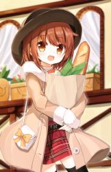 Rule 34 | 1girl, :d, bag, baguette, beige coat, belt, black belt, black hat, bow, bowler hat, bread, brown eyes, brown hair, coat, commentary request, food, fur-trimmed coat, fur-trimmed sleeves, fur trim, grocery bag, hair between eyes, handbag, hat, long hair, long sleeves, looking at viewer, open clothes, open coat, open mouth, original, paper bag, plaid, plaid skirt, red skirt, shopping bag, shoulder bag, skirt, sleeves past wrists, smile, solo, yellow bow, yuuhagi (amaretto-no-natsu)