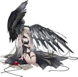 Rule 34 | 1girl, absurdly long hair, apple, artist request, bird, black panties, black shirt, black surge night, bracelet, chest tattoo, dark persona, doll joints, eagle, food, fruit, grey hair, highres, jewelry, joints, long hair, mechanical wings, official art, one eye closed, panties, paper, red apple, red eyes, ring, shirt, shoulder tattoo, solo, sussex (black surge night), tattoo, thighlet, third-party source, torn clothes, torn shirt, transparent background, underwear, very long hair, wings