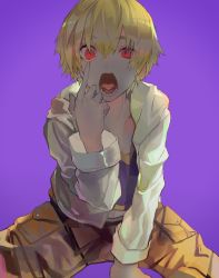 Rule 34 | 1boy, between legs, blonde hair, child gilgamesh (fate), fate/grand order, fate (series), gilgamesh (fate), hand between legs, hand up, hood, hood down, hooded jacket, index finger raised, jacket, kibadori rue, long sleeves, looking at viewer, male focus, open mouth, pants, purple background, red eyes, simple background, sitting, solo, tongue, white jacket, yellow pants