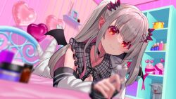 1girl absurdres bedroom blurry blurry_background blurry_foreground blush choker closed_mouth colored_inner_hair commentary demon_wings depth_of_field foreshortening frilled_shirt_collar frills futayamam2 grey_hair hashtag-only_commentary headgear heart_o-ring highres indie_virtual_youtuber indoors jacket kanikama_(honey_strap) looking_at_viewer lying mimikaki multicolored_hair o-ring o-ring_choker official_alternate_costume on_bed on_stomach pink_hair pointy_ears puritan_collar red_eyes smile solo suou_patra the_pose thighhighs virtual_youtuber white_jacket white_thighhighs wings