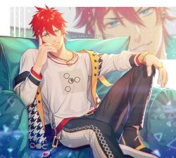Rule 34 | 1boy, amagi rinne, belt, black footwear, black pants, blue eyes, bracelet, couch, earrings, ensemble stars!, jewelry, kuren, looking at viewer, male focus, multiple rings, necklace, on couch, open clothes, open vest, pants, red hair, ring, shirt, shoes, short hair, sitting, smile, solo, vest, white shirt