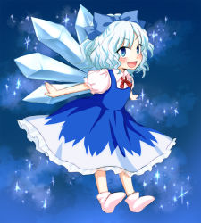 Rule 34 | 1girl, blue dress, blue eyes, blue hair, blush, bow, cirno, dress, fang, hair bow, matching hair/eyes, mokku, one eye closed, open mouth, outstretched arms, short hair, smile, socks, solo, touhou, wavy hair, wink