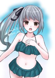 Rule 34 | 1girl, absurdres, bare shoulders, bikini, black ribbon, blush, brown eyes, dated, frilled bikini, frills, green bikini, grey hair, hair ribbon, highres, kantai collection, kasumi (kancolle), long hair, looking at viewer, midriff, navel, official alternate costume, one-hour drawing challenge, open mouth, ribbon, ryouki (34388923), side ponytail, solo, swimsuit, twitter username
