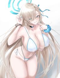 Rule 34 | 1girl, absurdres, aqua eyes, asuna (blue archive), bare shoulders, bikini, black choker, blue archive, blue nails, blue scrunchie, blush, breasts, choker, cleavage, commentary, covered erect nipples, cowboy shot, grin, hair over one eye, halo, highres, large breasts, light brown hair, long hair, looking at viewer, mole, mole on breast, multi-strapped bikini bottom, nail polish, navel, noa (skae3323), scrunchie, side-tie bikini bottom, smile, solo, swimsuit, thighs, veins, veiny breasts, very long fingernails, very long hair, white background, white bikini, wrist scrunchie