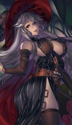 Rule 34 | 10s, 1girl, bare shoulders, breasts, detached sleeves, female focus, granblue fantasy, hat, large breasts, long hair, magisa (granblue fantasy), silver hair, simosi, solo, thighhighs, witch hat