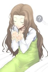 Rule 34 | 00s, 1girl, ?, akahoshi kenji, blind, brown hair, closed eyes, clueless, code geass, cum, cupping hands, facial, flat chest, long hair, nunnally vi britannia, own hands together, simple background, sitting, solo, spoken question mark, very long hair, white background