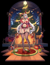 Rule 34 | 1girl, absurdres, animal ears, bell, bikini, black garter belt, black thighhighs, bottle, breast cutout, breasts, candy, candy cane, christmas, christmas ornaments, christmas stocking, christmas tree, circe (last origin), clothing cutout, commentary request, cup, curvy, dress, drinking glass, fake animal ears, fireplace, food, fur-trimmed dress, fur collar, fur trim, garland (decoration), garter belt, gift, green eyes, grey hair, hair ornament, half-closed eyes, high heels, highres, holding, holding bottle, holding cup, huge breasts, indoors, lace, lace-trimmed thighhighs, last origin, long sleeves, looking at viewer, micro bikini, microdress, navel, navel cutout, night, no panties, pasties, pussy, rabbit ears, red dress, red footwear, reindeer, side cutout, sleigh, solo, standing, star ornament, swimsuit, thigh gap, thighhighs, tongue, tongue out, window, wow (cor369), x hair ornament